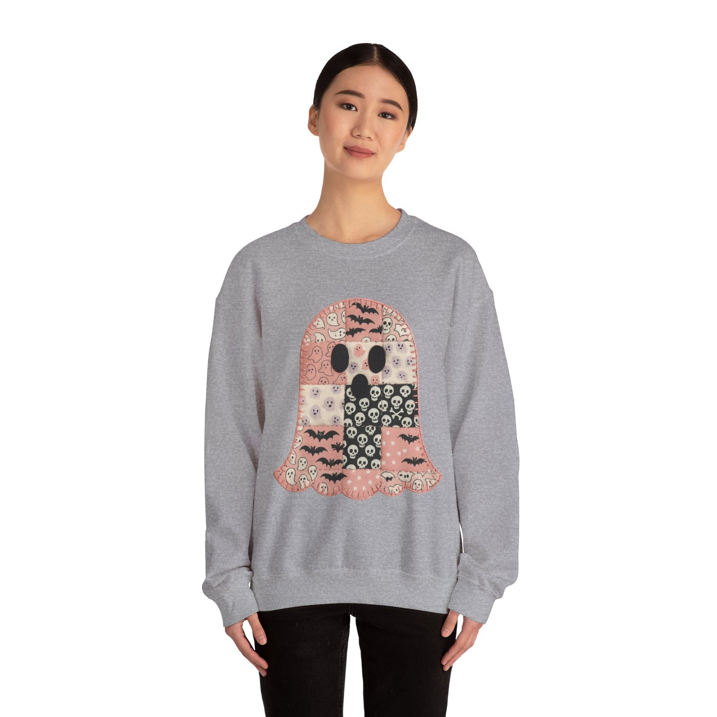 Cozy Patchwork Halloween Ghost Sweatshirt