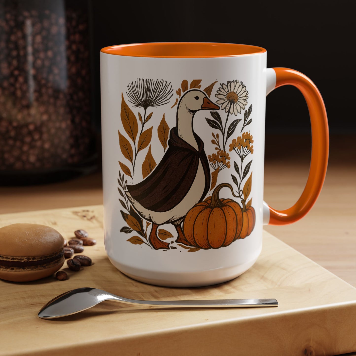 Autumn Goose Mug 11/15 oz – Fall Pumpkin Design – Black or Orange Interior
