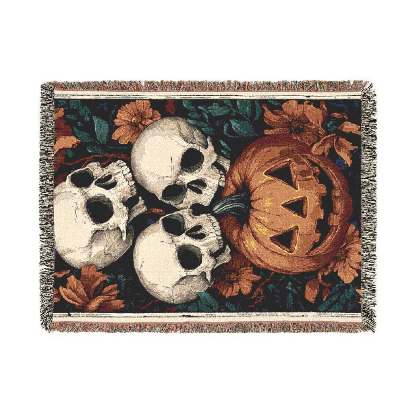 Cozy Woven Blanket Vintage Skulls and Pumpkin