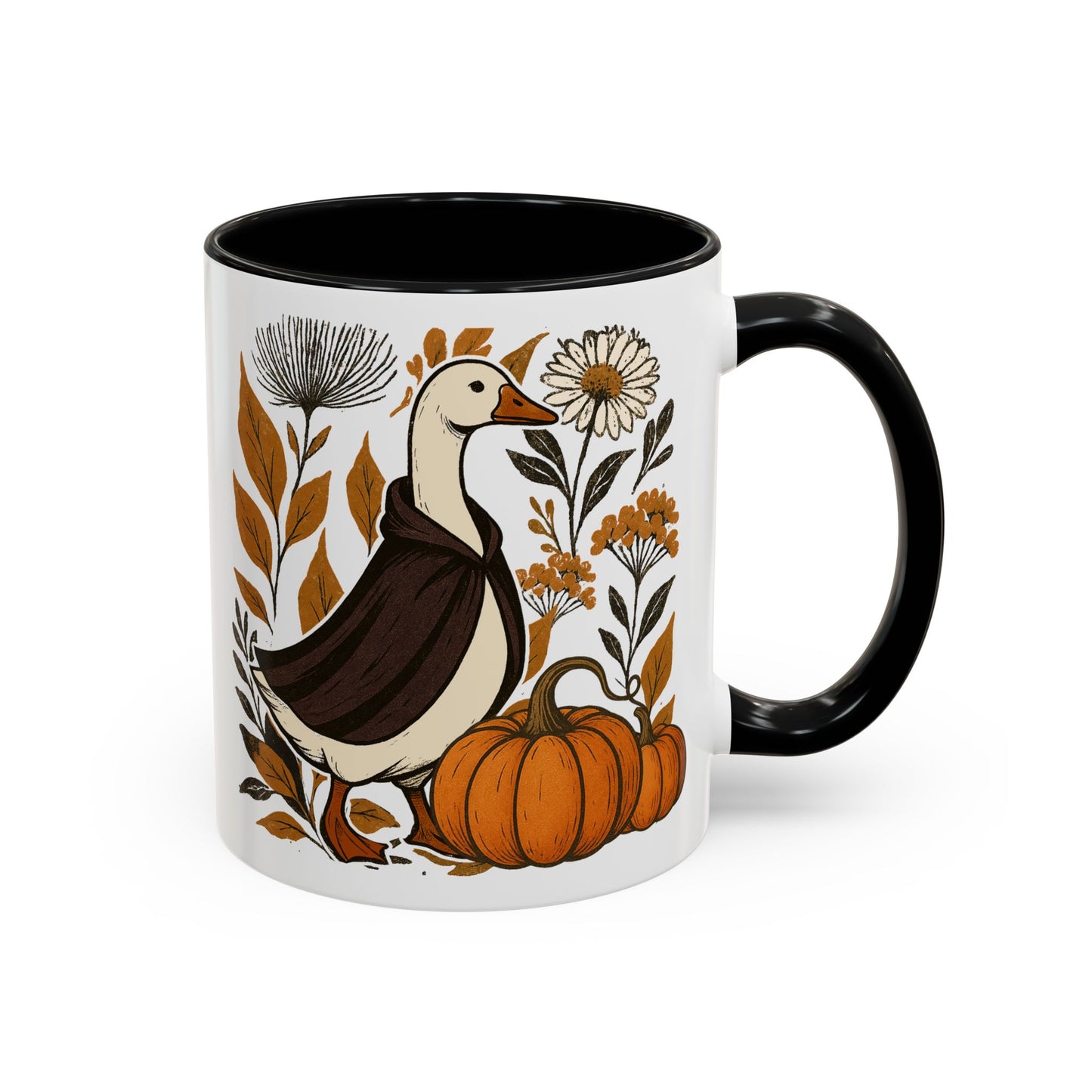 Autumn Goose Mug 11/15 oz – Fall Pumpkin Design – Black or Orange Interior
