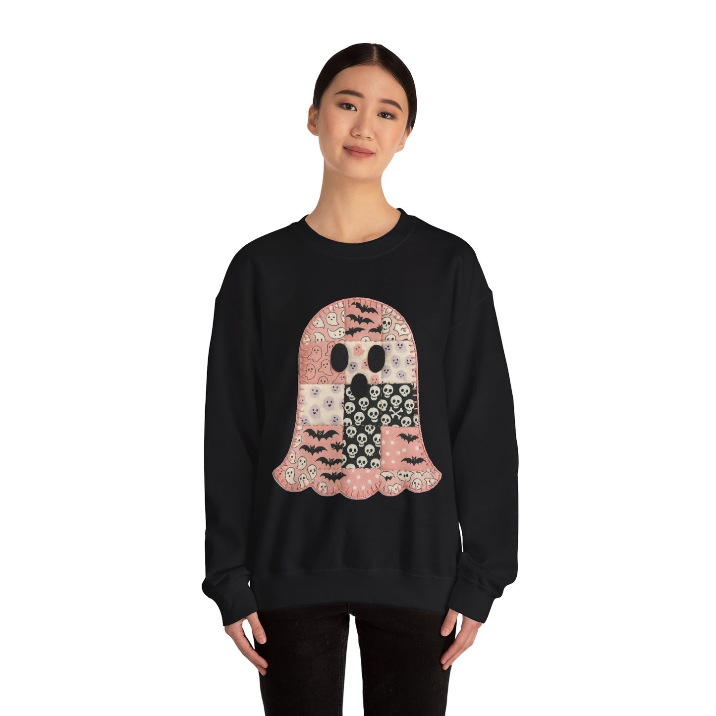 Cozy Patchwork Halloween Ghost Sweatshirt