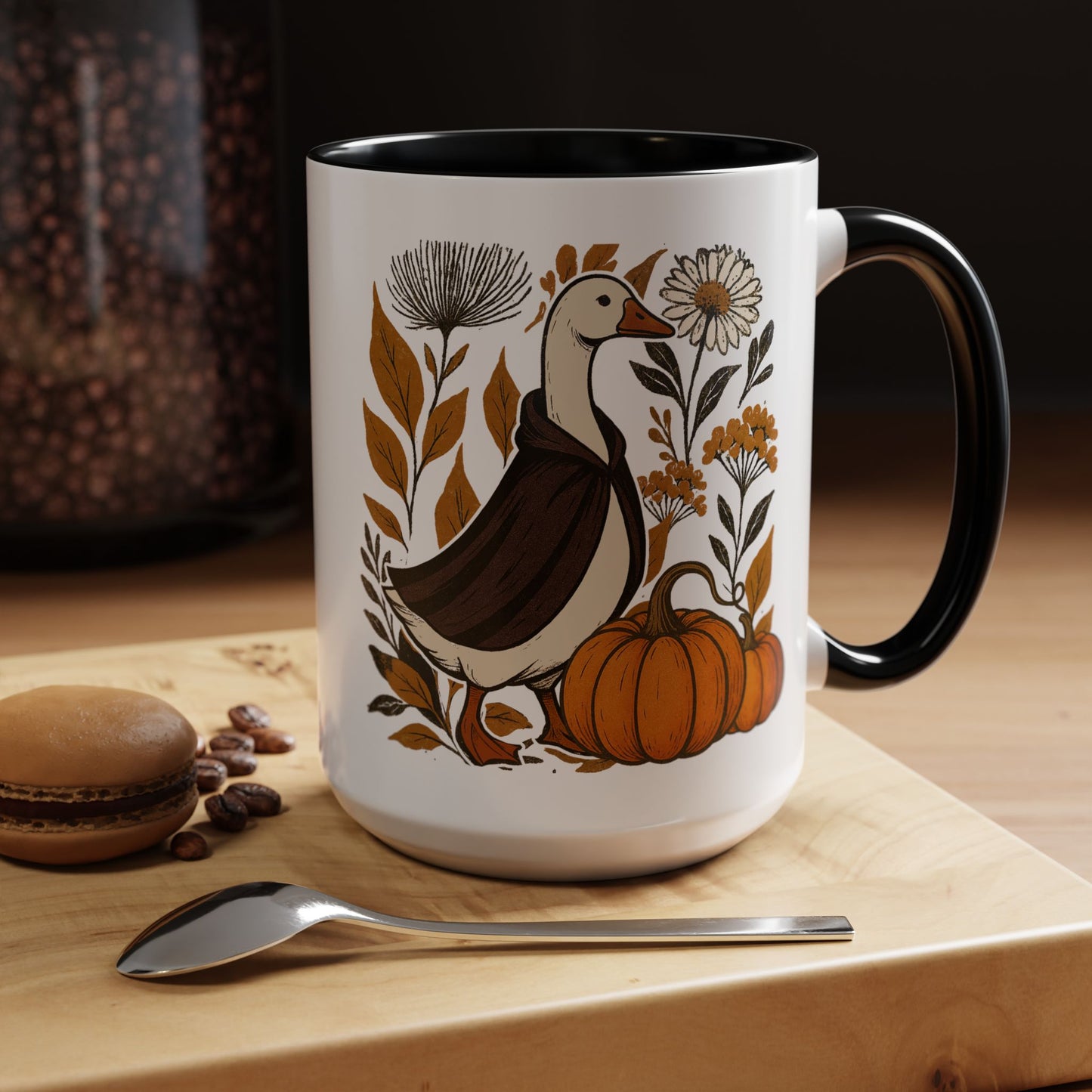 Autumn Goose Mug 11/15 oz – Fall Pumpkin Design – Black or Orange Interior