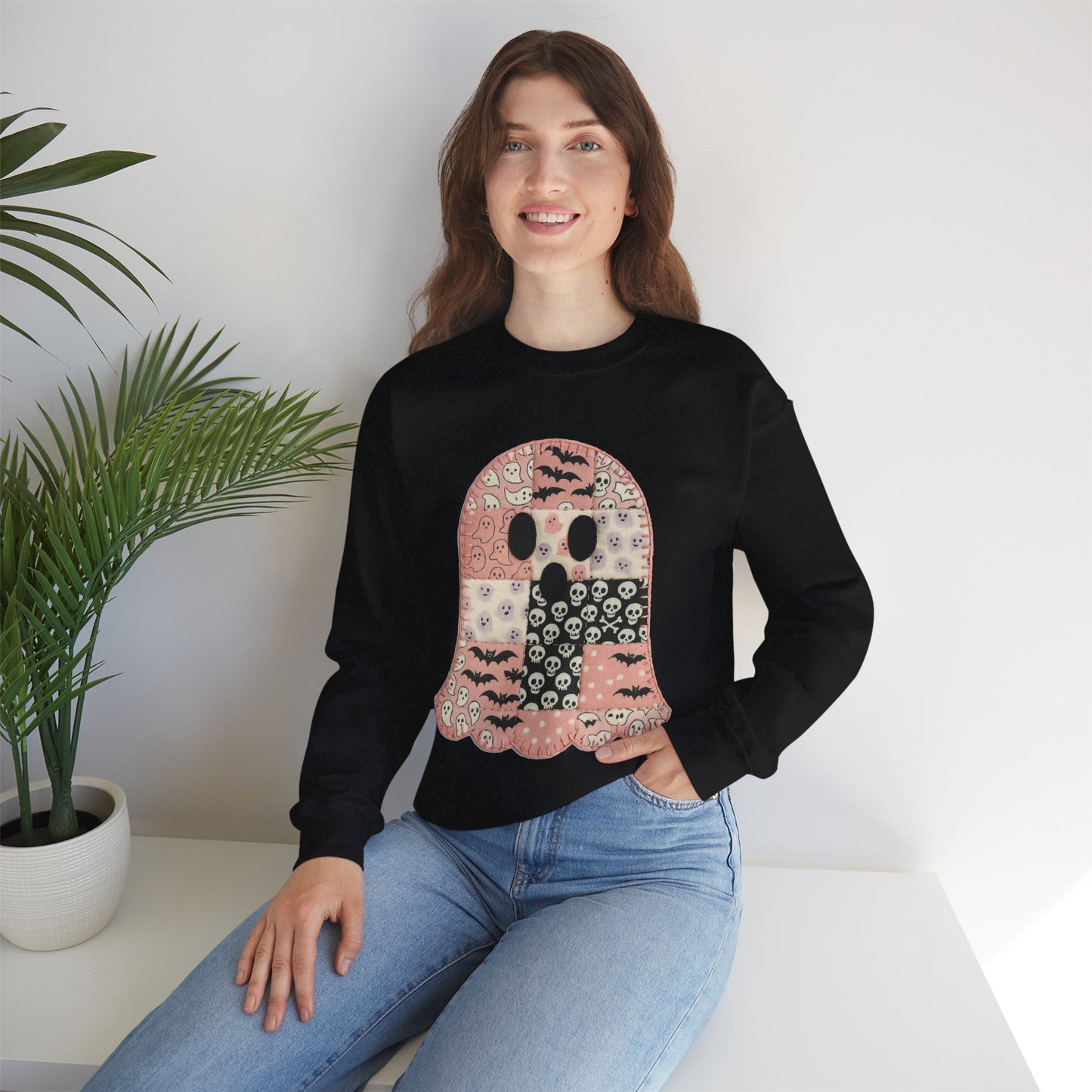 Cozy Patchwork Halloween Ghost Sweatshirt
