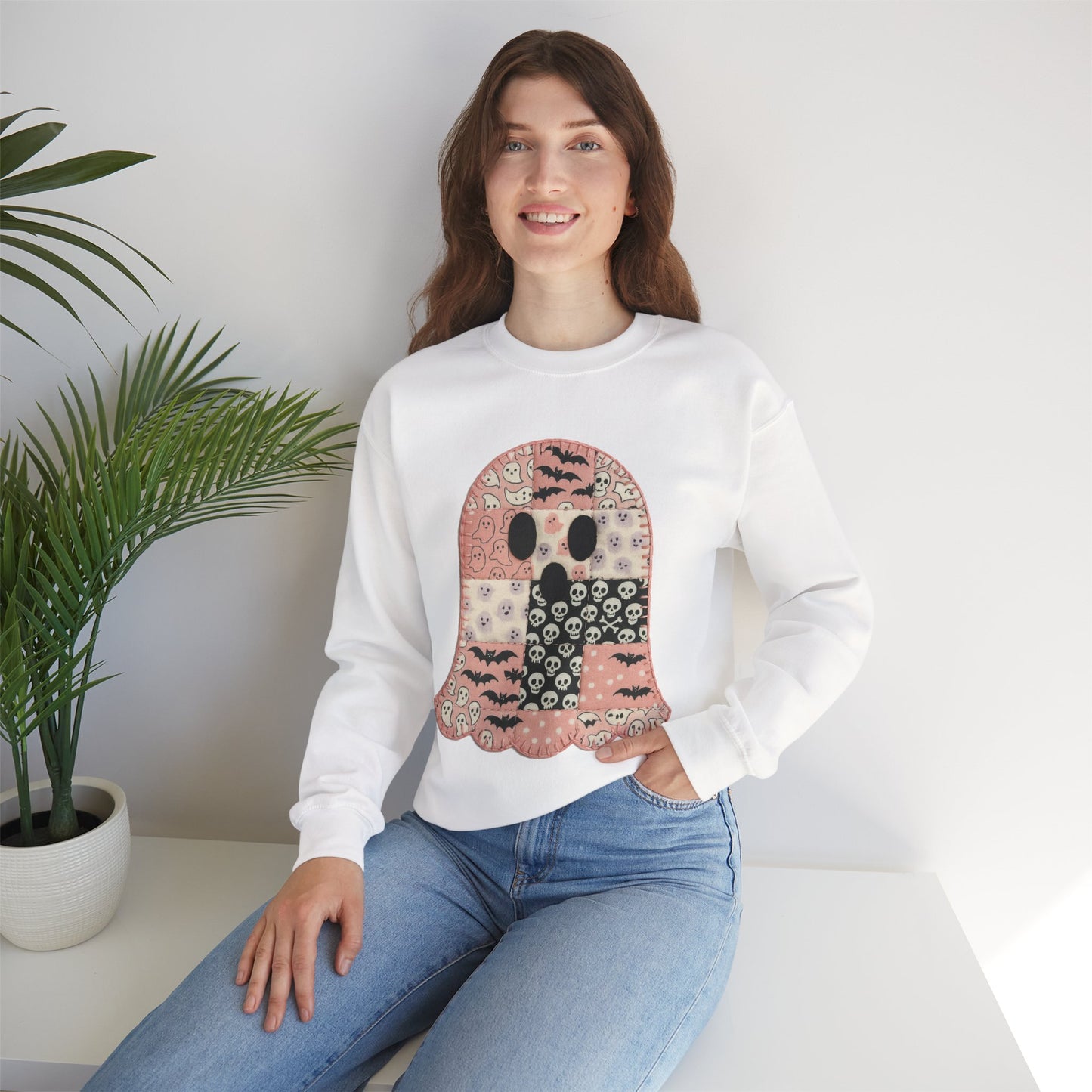 Cozy Patchwork Halloween Ghost Sweatshirt