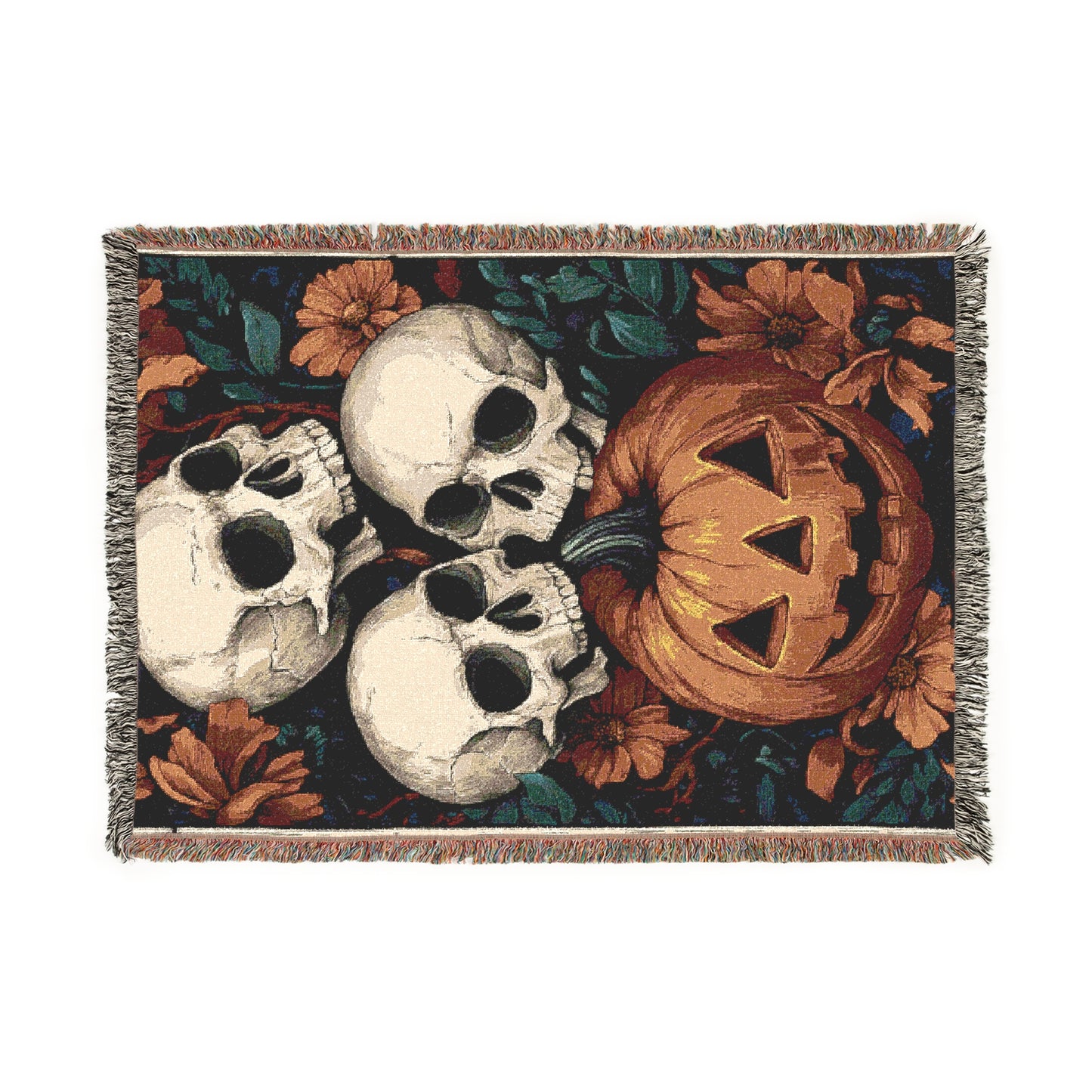 Cozy Woven Blanket Vintage Skulls and Pumpkin