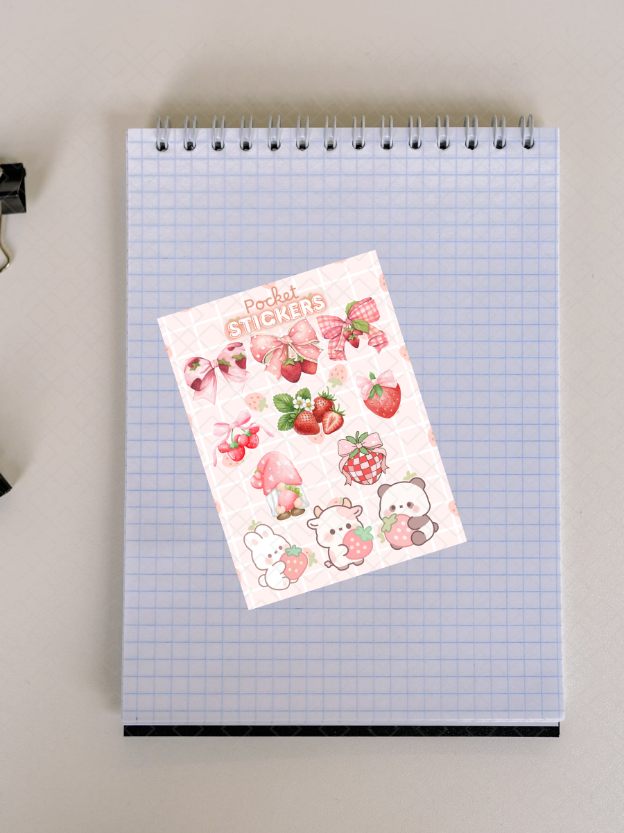 Strawberry Themed Pocket Stickers | 3"x 4" Mini Sticker Sheet for Journaling, Junk Journals, Scrapbooking, and more.