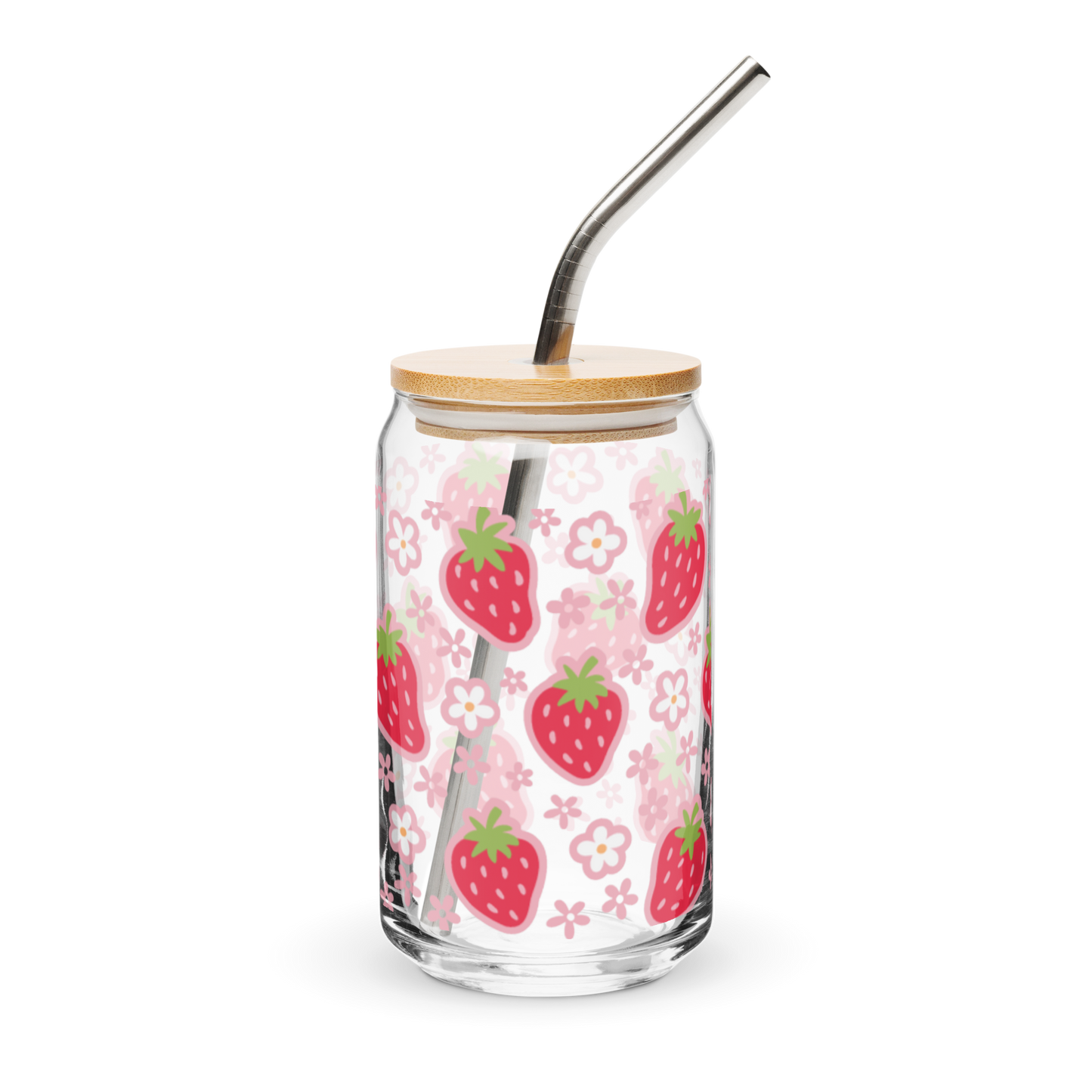 Berries 16oz Glass Can Shaped Cup with Lid and Straw