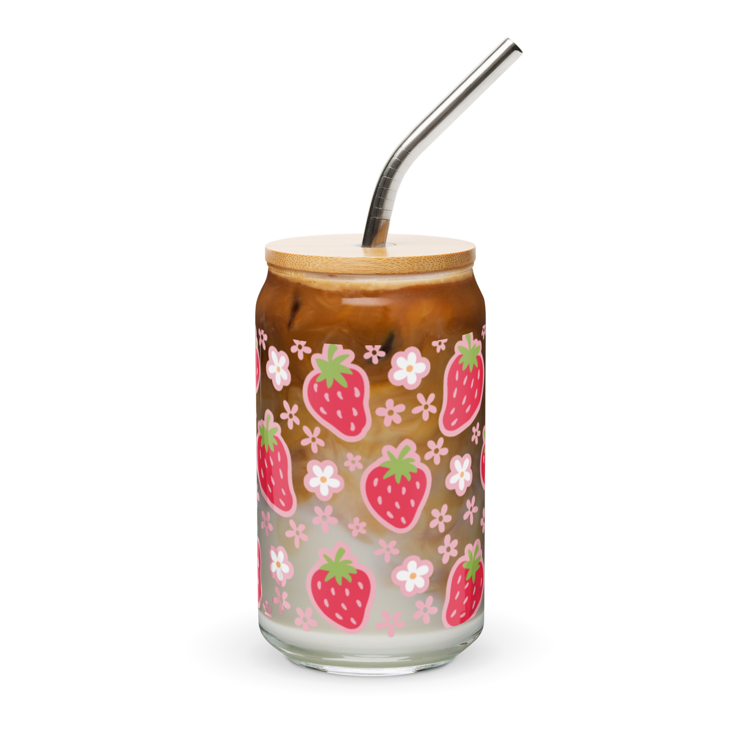 Berries 16oz Glass Can Shaped Cup with Lid and Straw