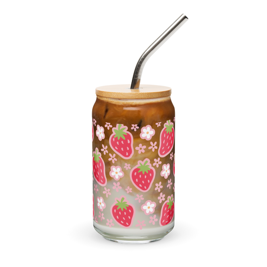 Berries 16oz Glass Can Shaped Cup with Lid and Straw