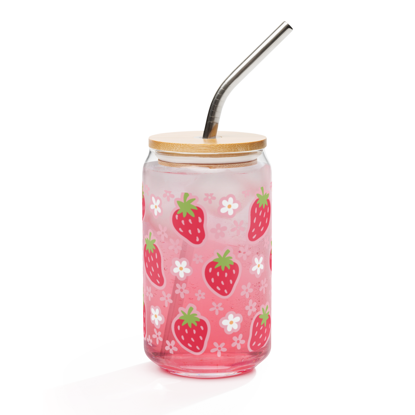 Berries 16oz Glass Can Shaped Cup with Lid and Straw