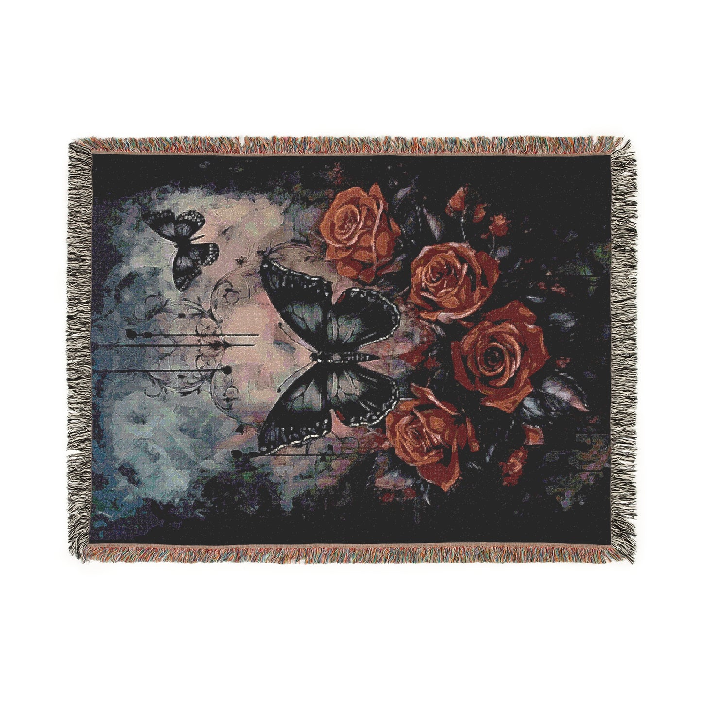 Cozy Woven Blanket Gothic Roses and Butterflies