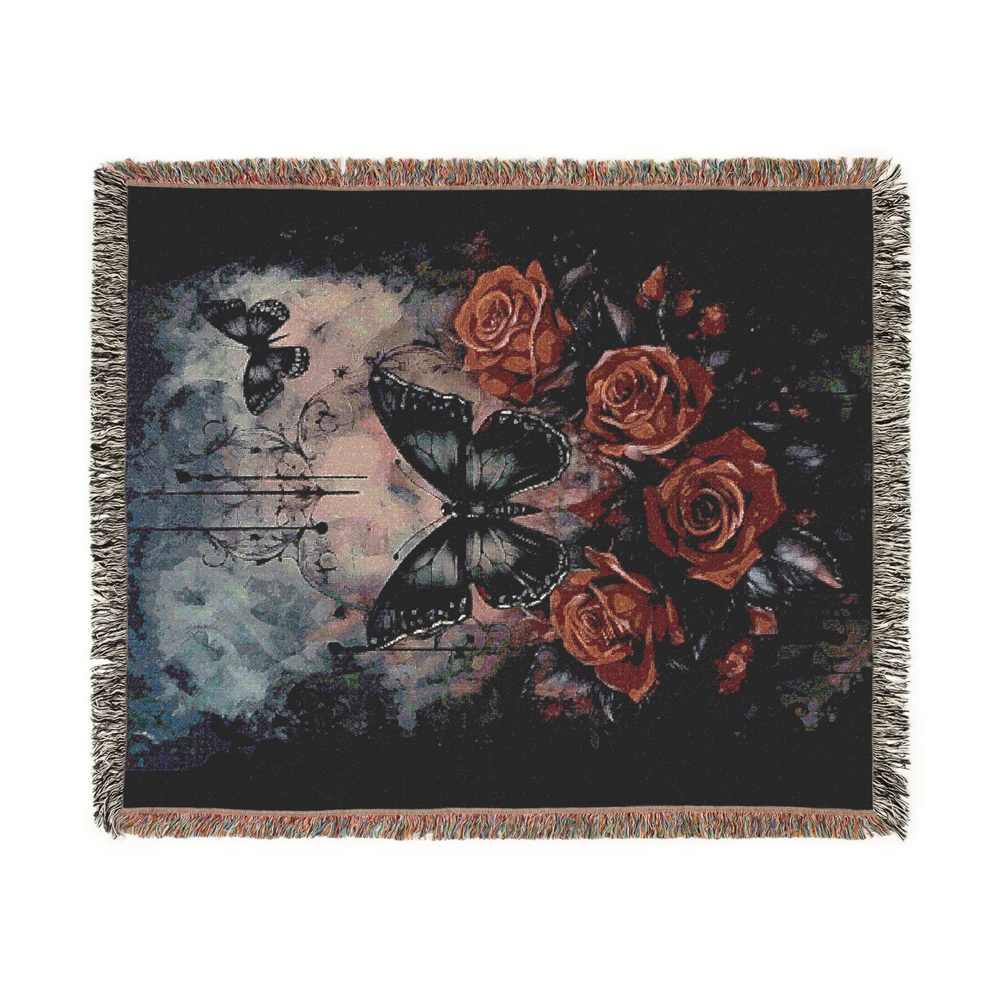 Cozy Woven Blanket Gothic Roses and Butterflies