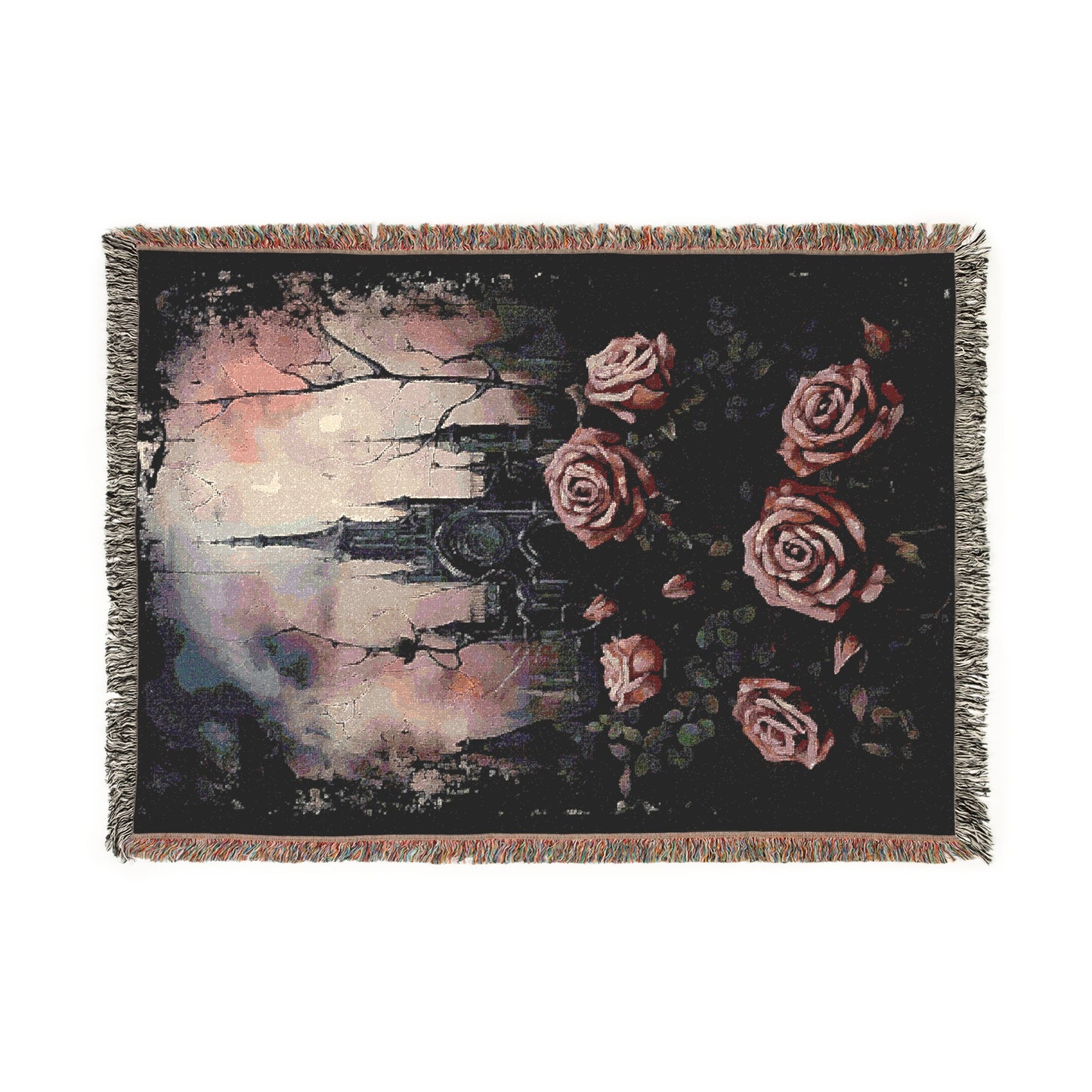 Cozy Woven Blanket Gothic Pink Roses & Haunted Victorian Mansion