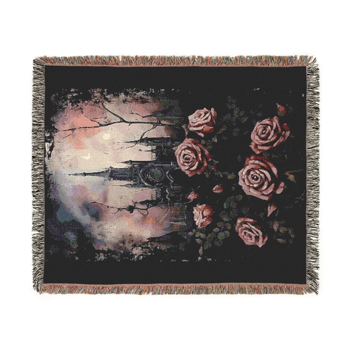 Cozy Woven Blanket Gothic Pink Roses & Haunted Victorian Mansion