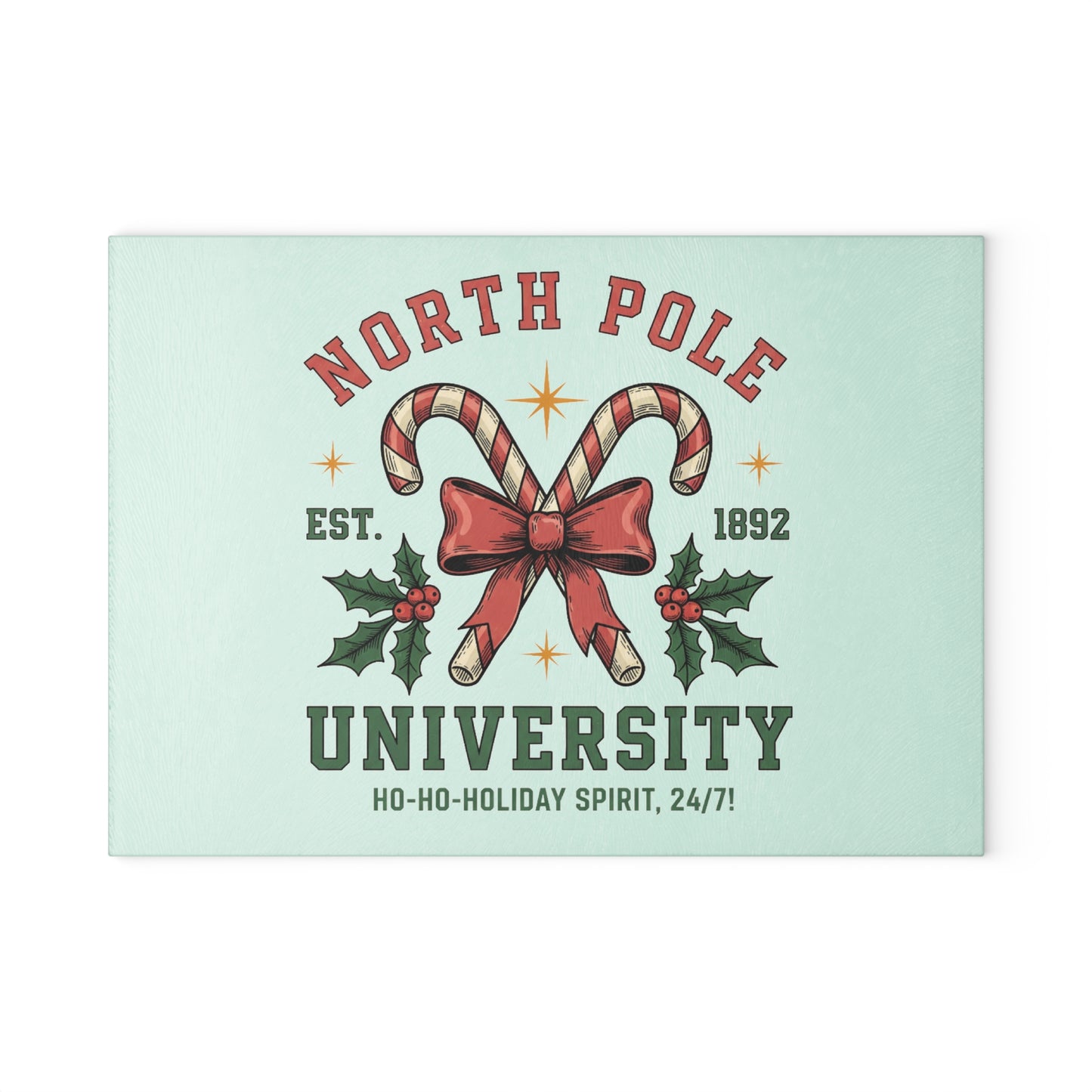 North Pole University Holiday Glass Cutting Board