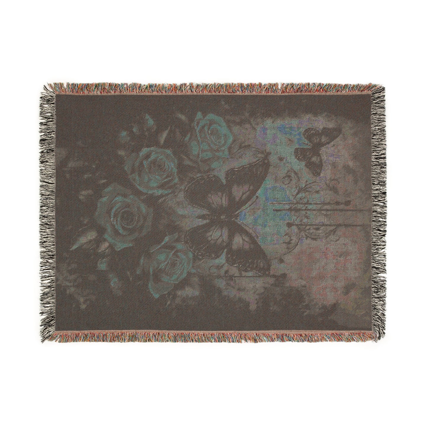 Cozy Woven Blanket Gothic Roses and Butterflies