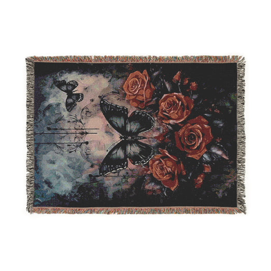 Cozy Woven Blanket Gothic Roses and Butterflies