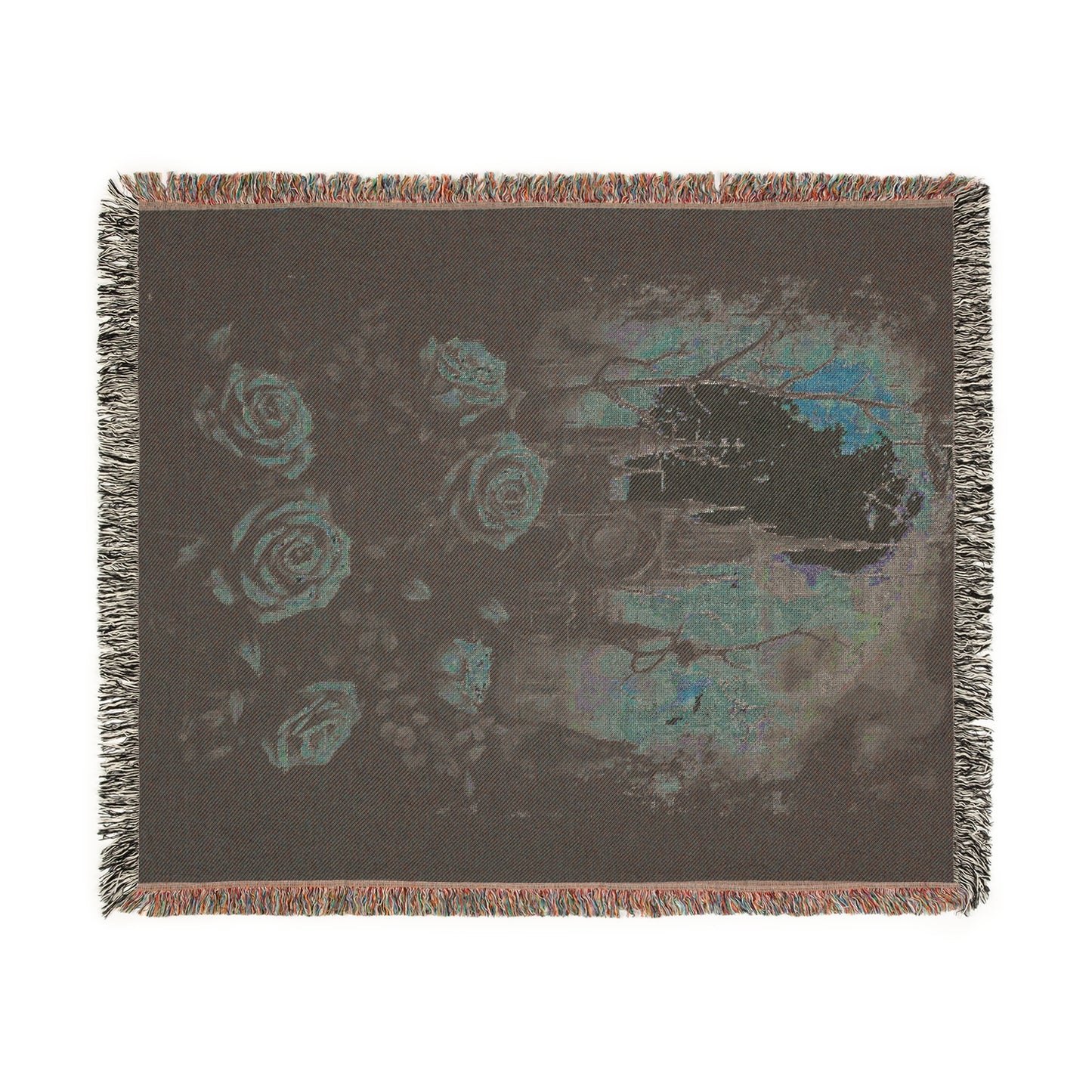 Cozy Woven Blanket Gothic Pink Roses & Haunted Victorian Mansion