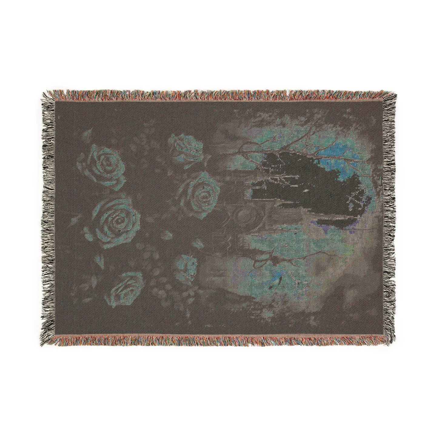 Cozy Woven Blanket Gothic Pink Roses & Haunted Victorian Mansion
