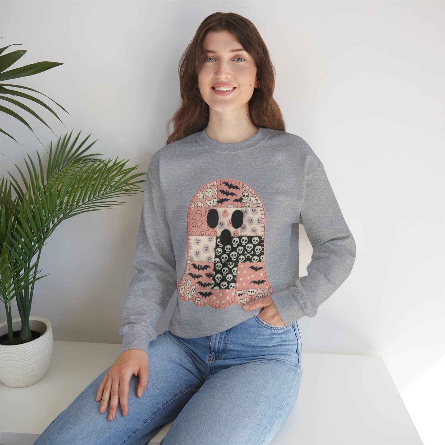 Cozy Patchwork Halloween Ghost Sweatshirt