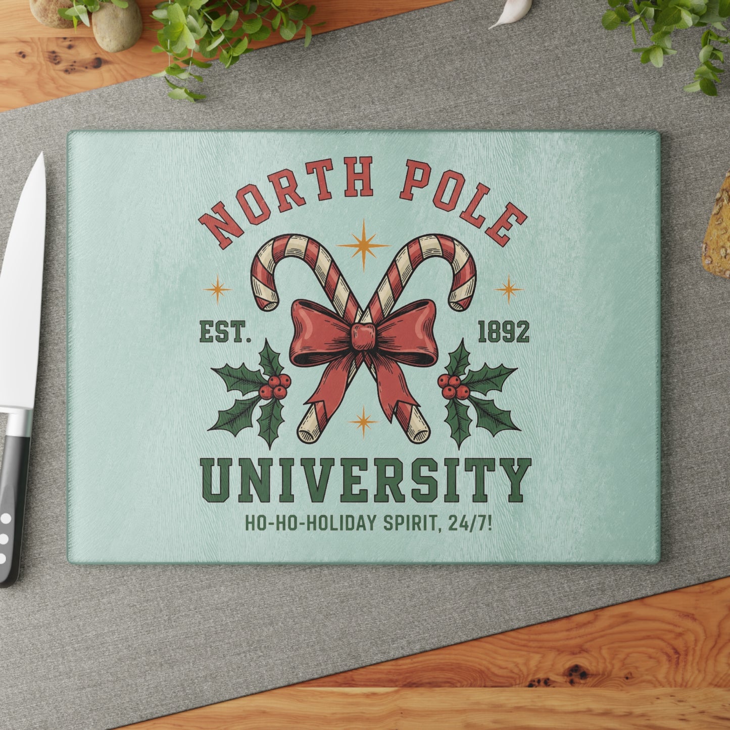 North Pole University Holiday Glass Cutting Board