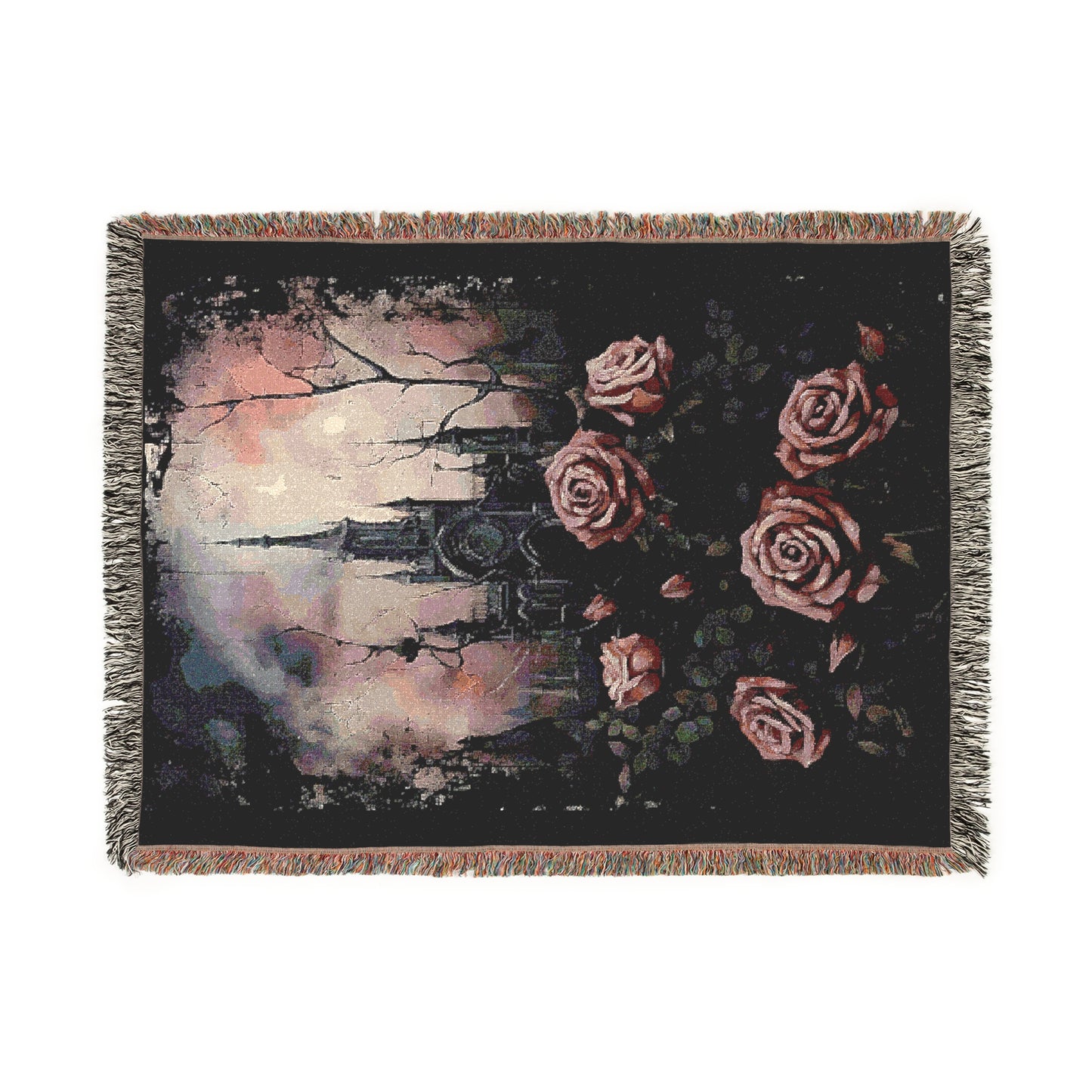 Cozy Woven Blanket Gothic Pink Roses & Haunted Victorian Mansion