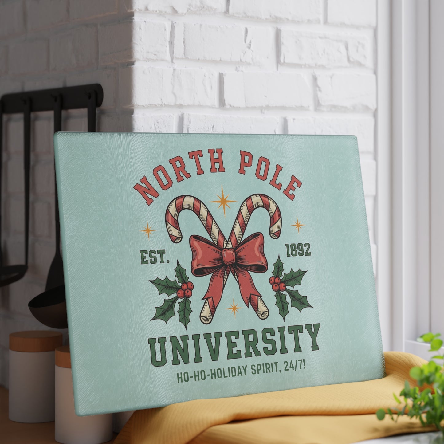 North Pole University Holiday Glass Cutting Board