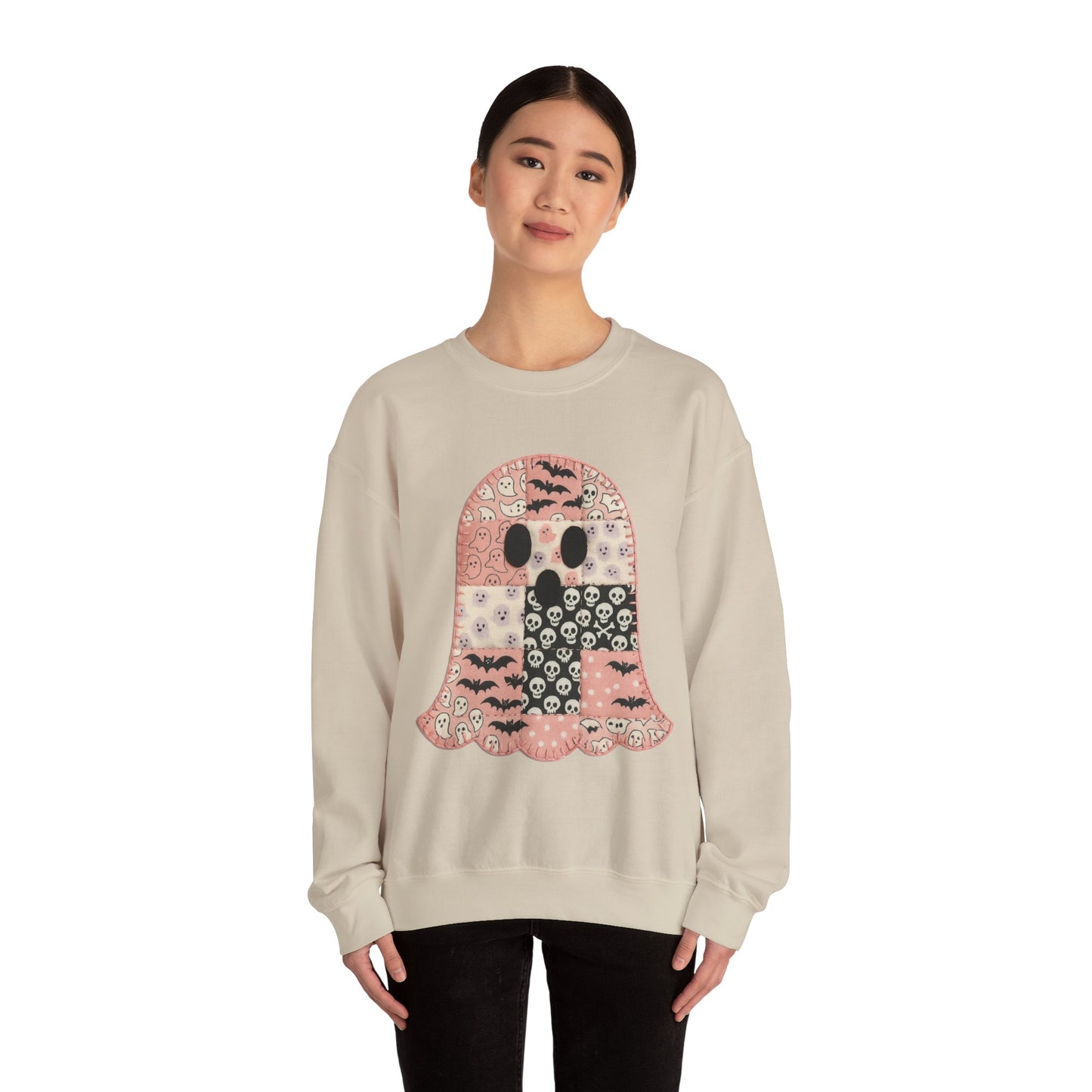 Cozy Patchwork Halloween Ghost Sweatshirt