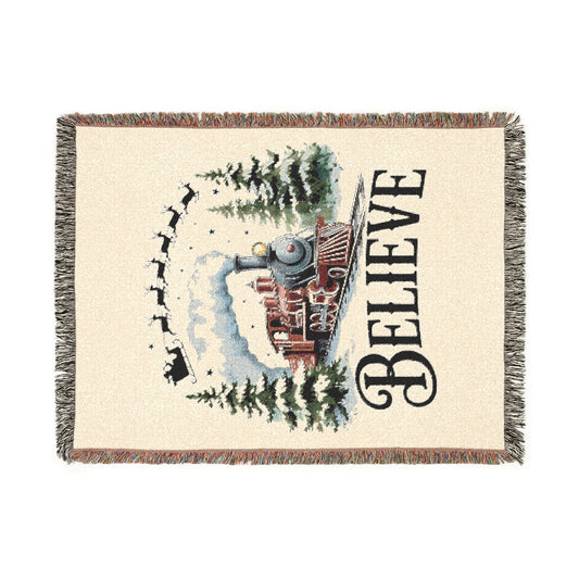 Cozy Holiday Woven Blanket - "Believe" Train
