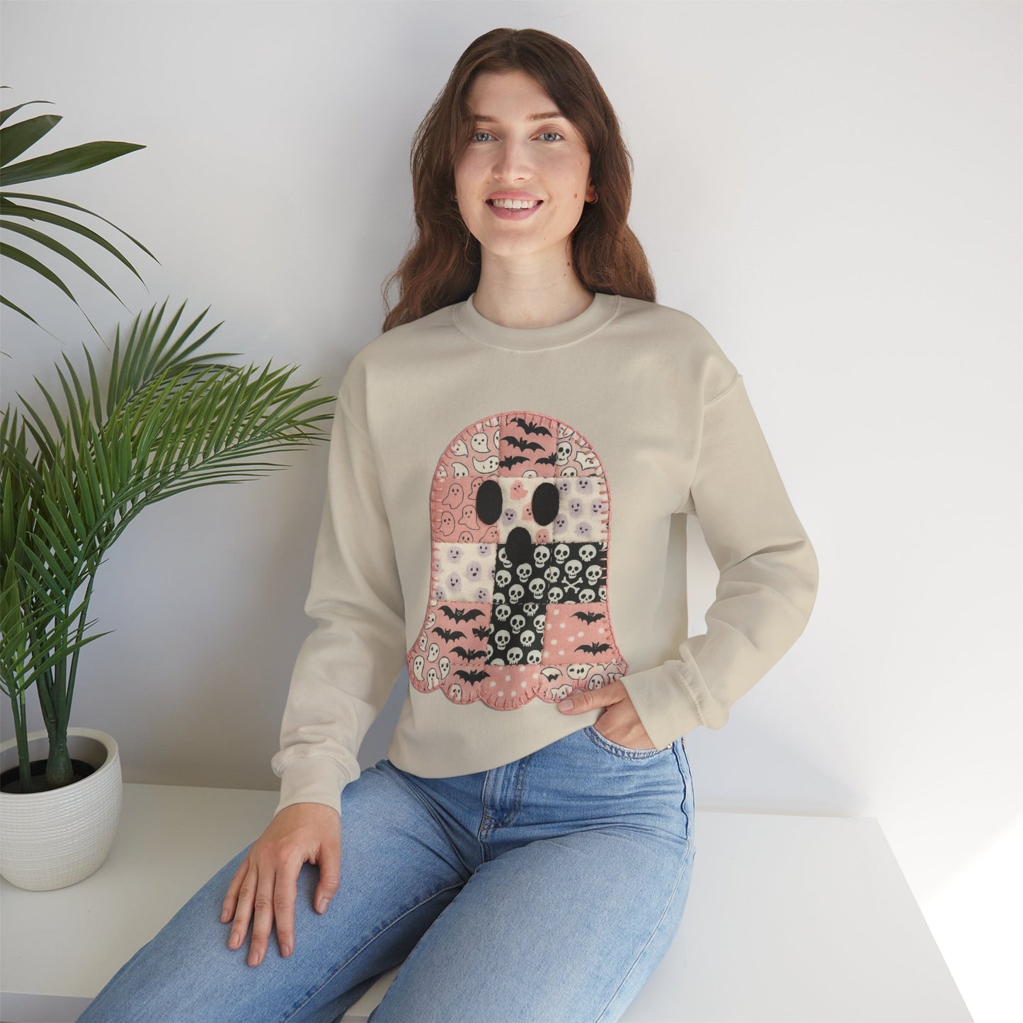 Cozy Patchwork Halloween Ghost Sweatshirt