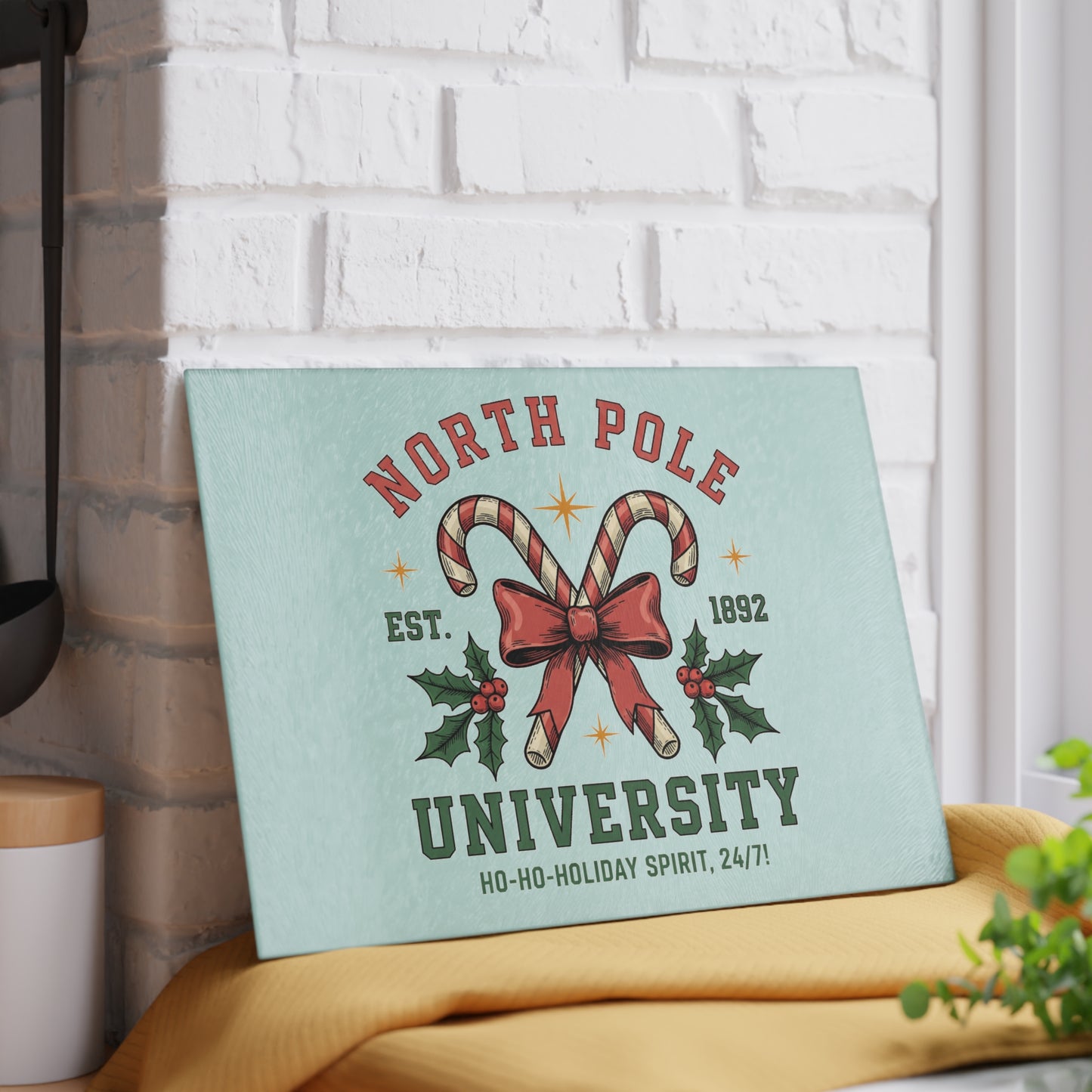 North Pole University Holiday Glass Cutting Board
