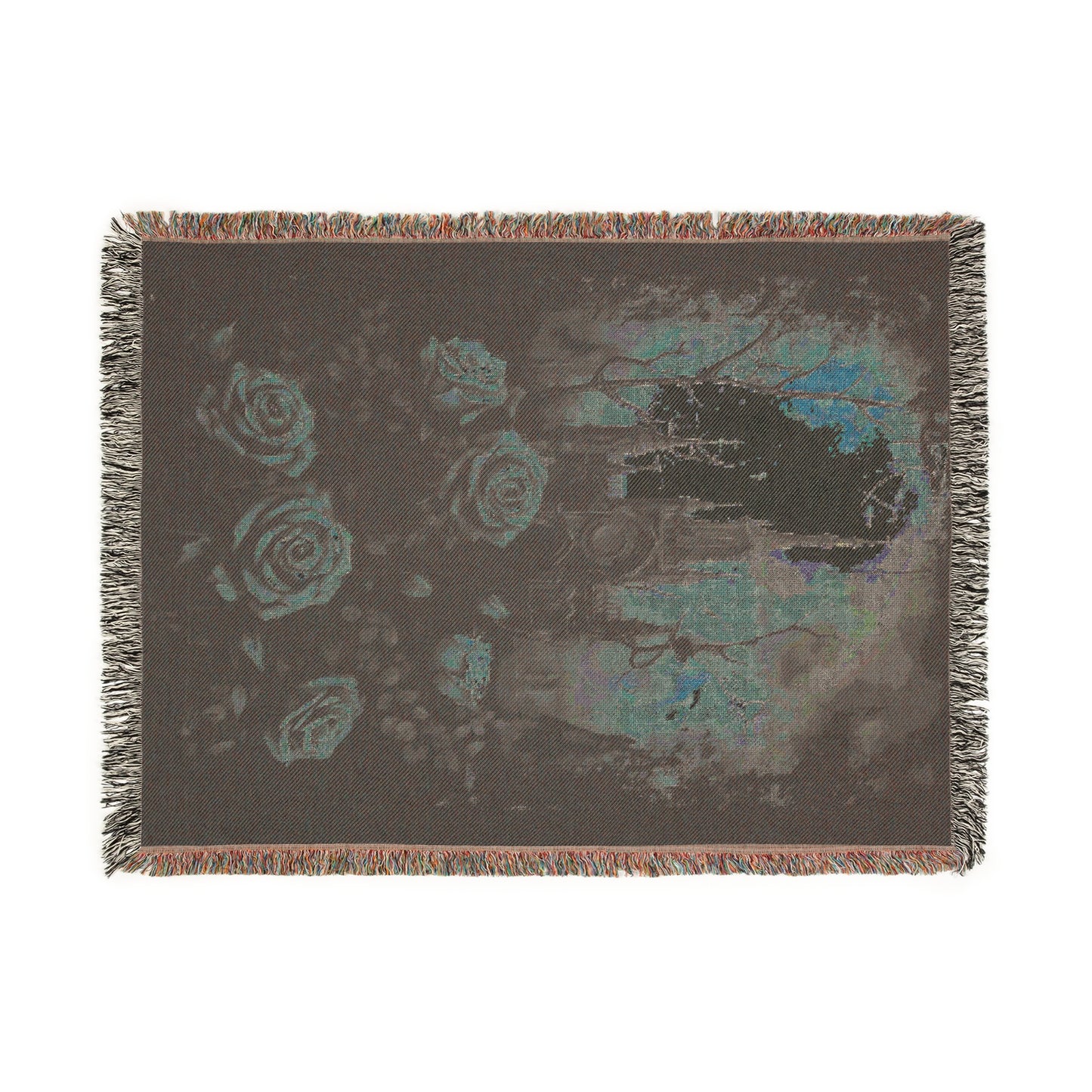 Cozy Woven Blanket Gothic Pink Roses & Haunted Victorian Mansion