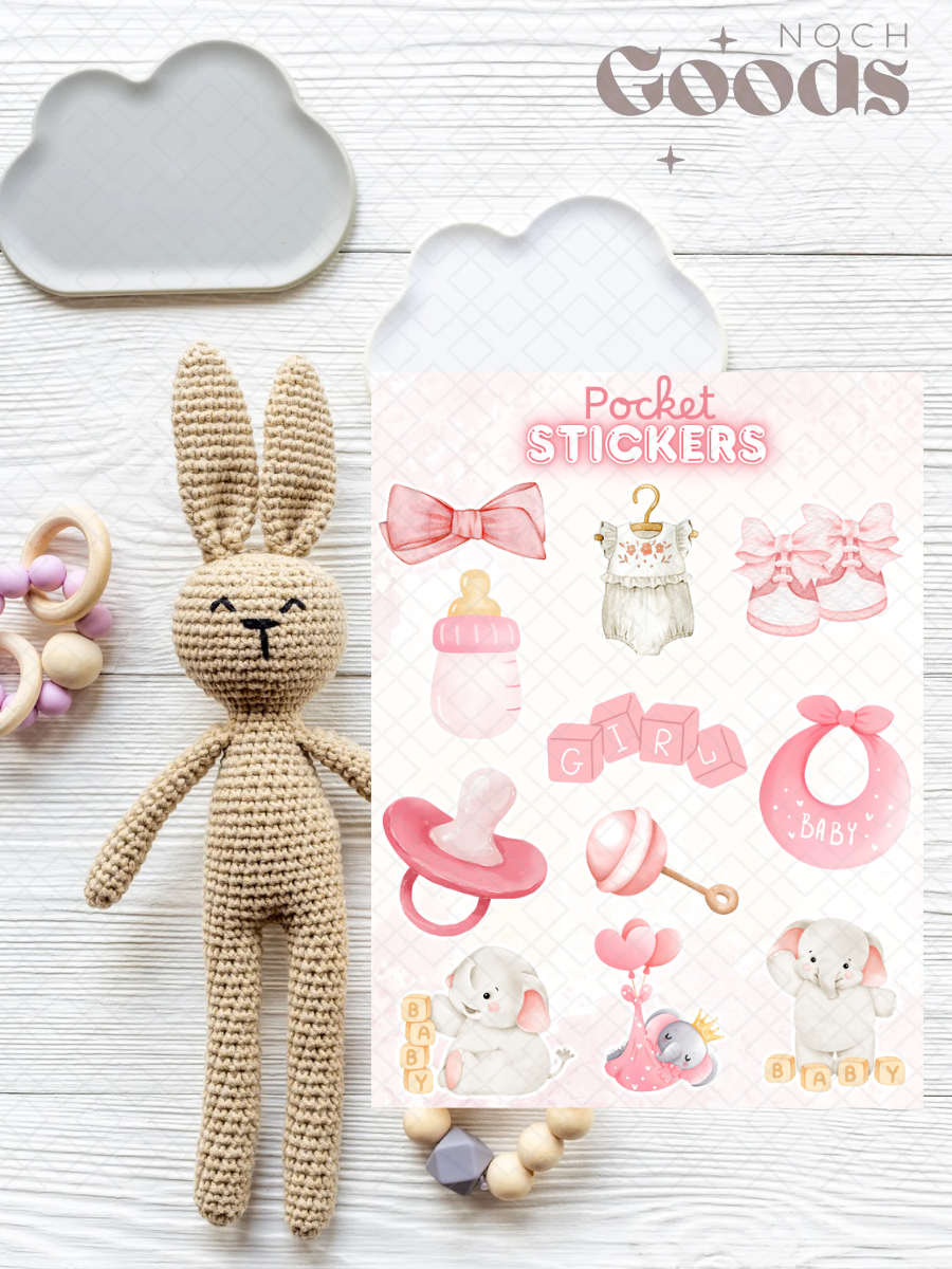 Baby Girl Baby Shower Pocket Stickers | 3"x 4" Mini Sticker Sheet for Journaling, Junk Journals, Scrapbooking, and more
