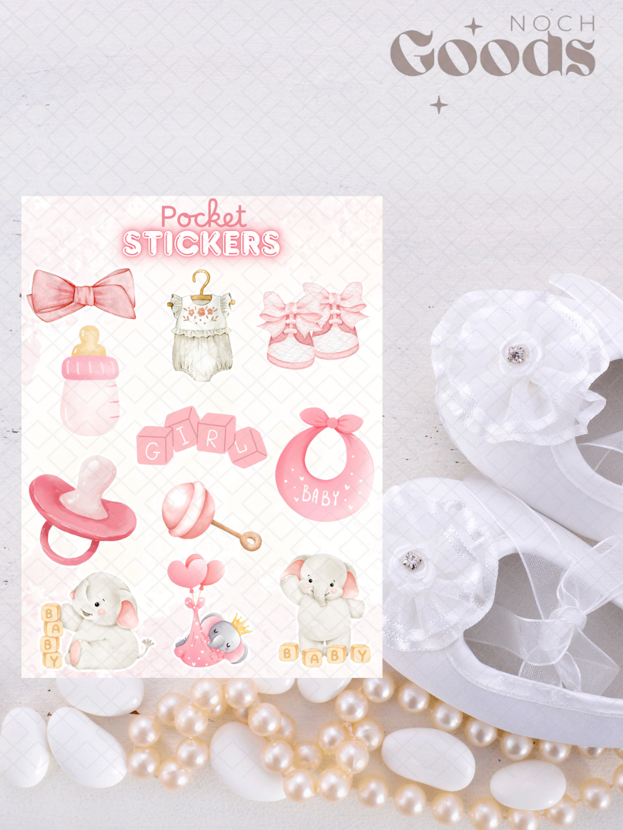 Baby Girl Baby Shower Pocket Stickers | 3"x 4" Mini Sticker Sheet for Journaling, Junk Journals, Scrapbooking, and more