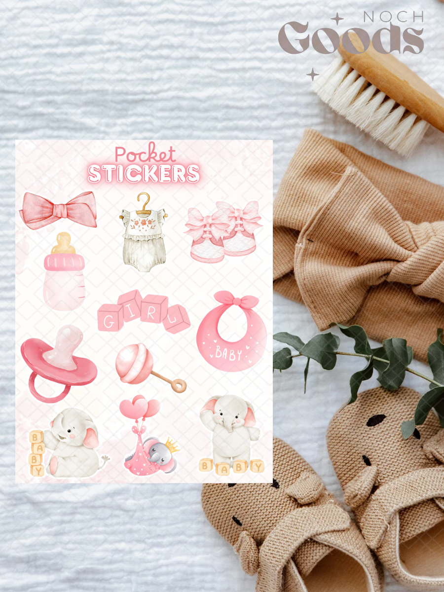 Baby Girl Baby Shower Pocket Stickers | 3"x 4" Mini Sticker Sheet for Journaling, Junk Journals, Scrapbooking, and more
