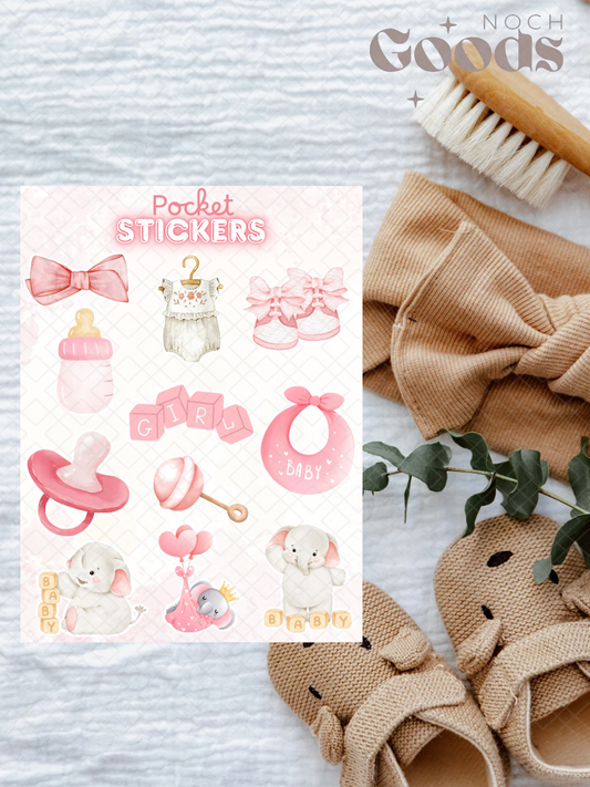 Baby Girl Baby Shower Pocket Stickers | 3"x 4" Mini Sticker Sheet for Journaling, Junk Journals, Scrapbooking, and more