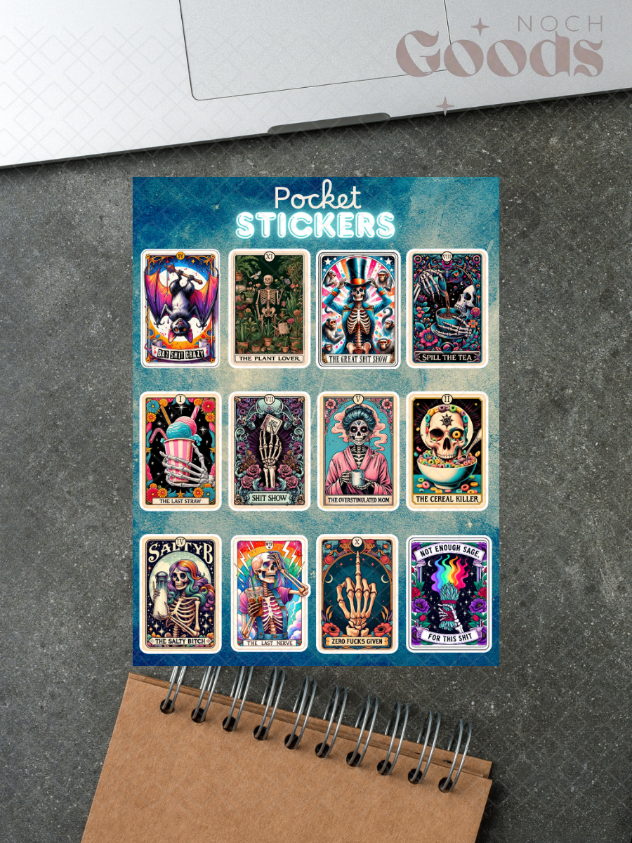 Funny Adult Tarot Card Pocket Stickers | 3"x 4" Mini Sticker Sheet for Journaling, Junk Journals, Scrapbooking, and more