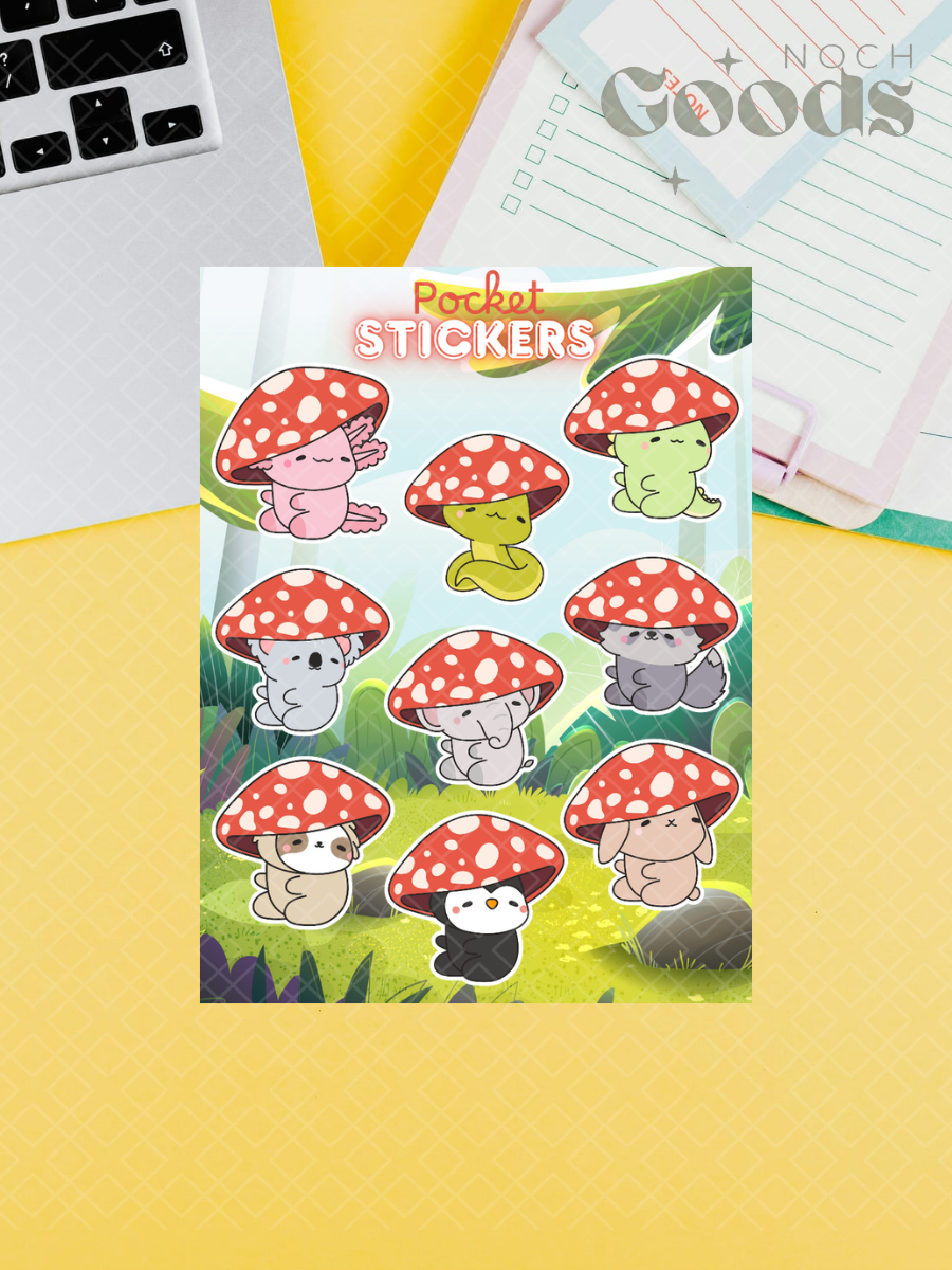 Cute Animals Mushroom Caps Pocket Stickers | 3"x 4" Mini Sticker Sheet for Journaling, Junk Journals, Scrapbooking, and more