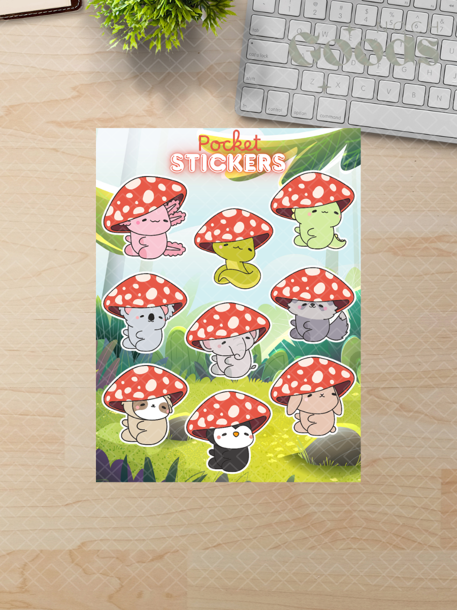 Cute Animals Mushroom Caps Pocket Stickers | 3"x 4" Mini Sticker Sheet for Journaling, Junk Journals, Scrapbooking, and more