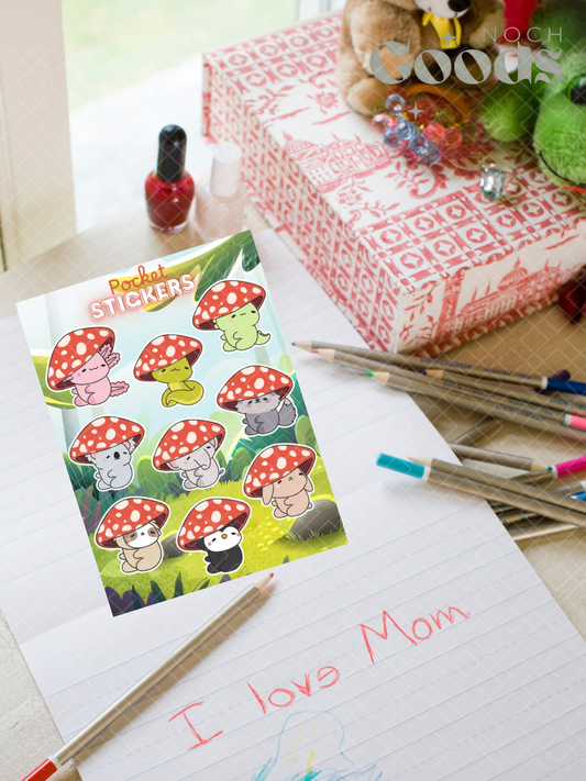 Cute Animals Mushroom Caps Pocket Stickers | 3"x 4" Mini Sticker Sheet for Journaling, Junk Journals, Scrapbooking, and more