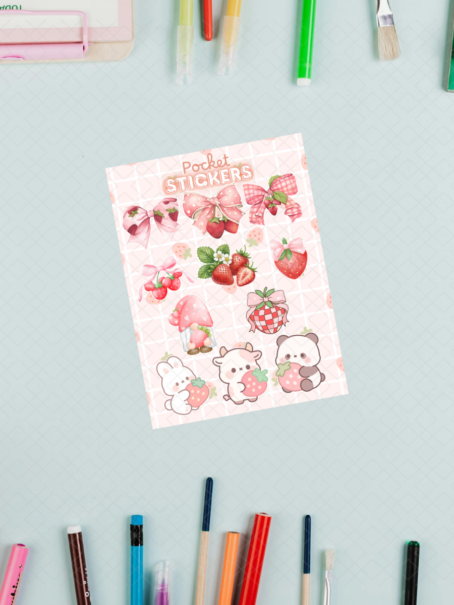 Strawberry Themed Pocket Stickers | 3"x 4" Mini Sticker Sheet for Journaling, Junk Journals, Scrapbooking, and more.
