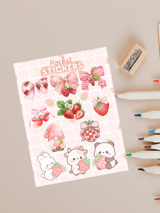 Strawberry Themed Pocket Stickers | 3"x 4" Mini Sticker Sheet for Journaling, Junk Journals, Scrapbooking, and more.