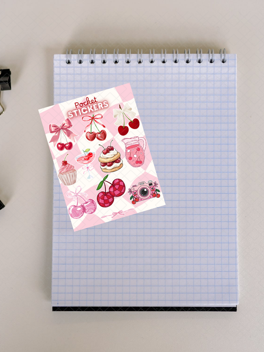 Cherry Themed Pocket Stickers | 3"x 4" Mini Sticker Sheet for Journaling, Junk Journals, Scrapbooking, and more.