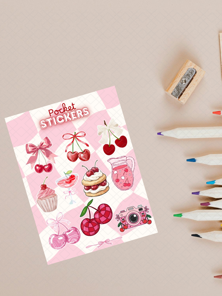 Cherry Themed Pocket Stickers | 3"x 4" Mini Sticker Sheet for Journaling, Junk Journals, Scrapbooking, and more.