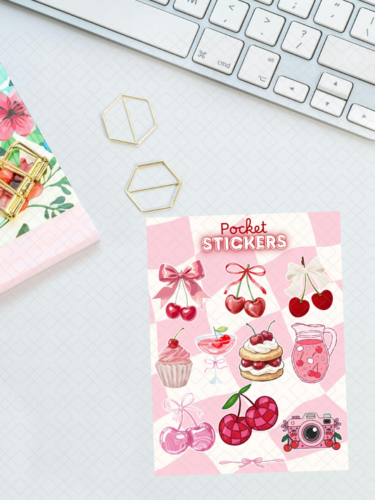 Cherry Themed Pocket Stickers | 3"x 4" Mini Sticker Sheet for Journaling, Junk Journals, Scrapbooking, and more.