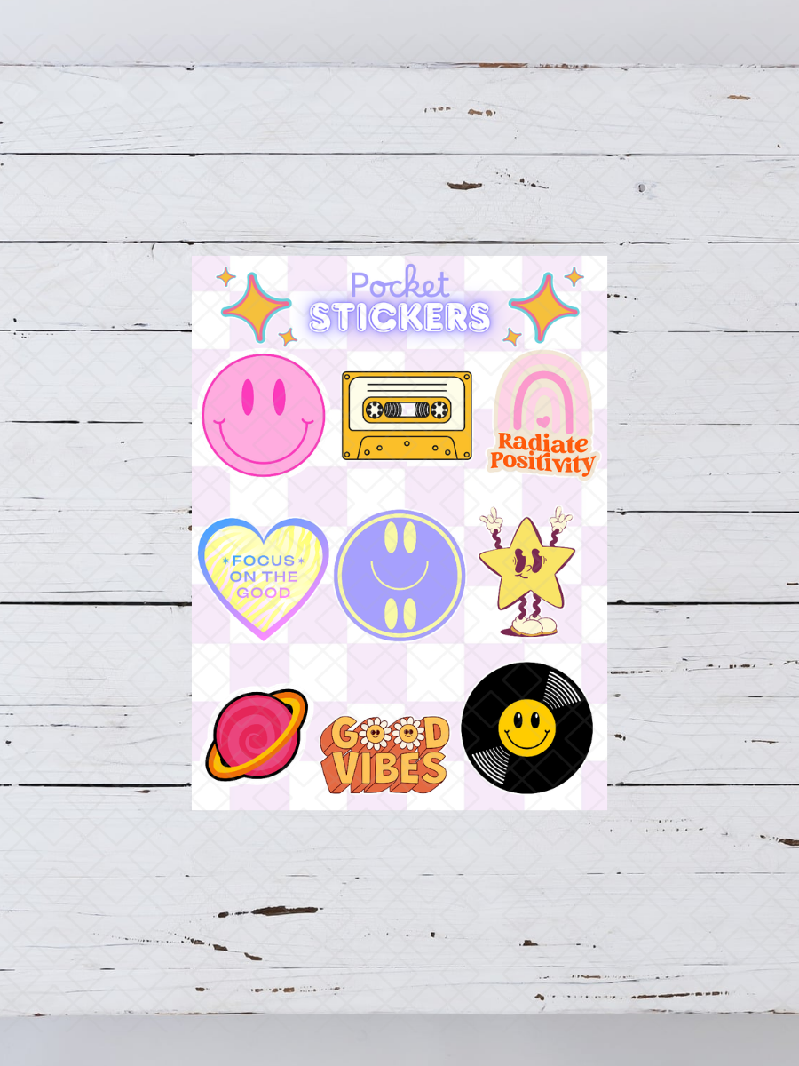 Groovy Pocket Stickers | 3"x 4" Mini Sticker Sheet for Journaling, Junk Journals, Scrapbooking, and more.