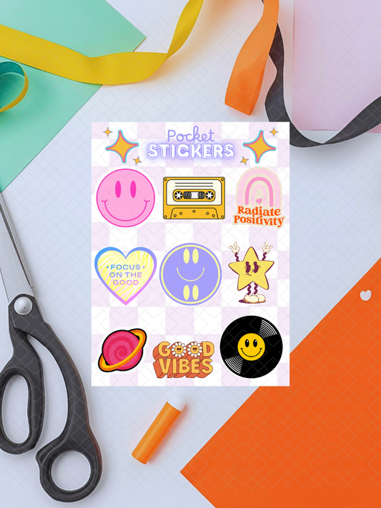 Groovy Pocket Stickers | 3"x 4" Mini Sticker Sheet for Journaling, Junk Journals, Scrapbooking, and more.