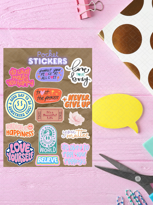 Positive Affirmations Quotes Pocket Stickers | 3"x 4" Mini Sticker Sheet for Journaling, Junk Journals, Scrapbooking, and more.