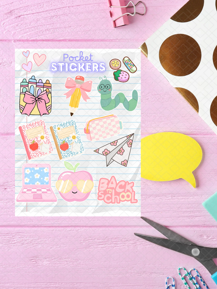 Pastel Back to Scool Pocket Stickers | 3"x 4" Mini Sticker Sheet for Journaling, Junk Journals, Scrapbooking, and more.