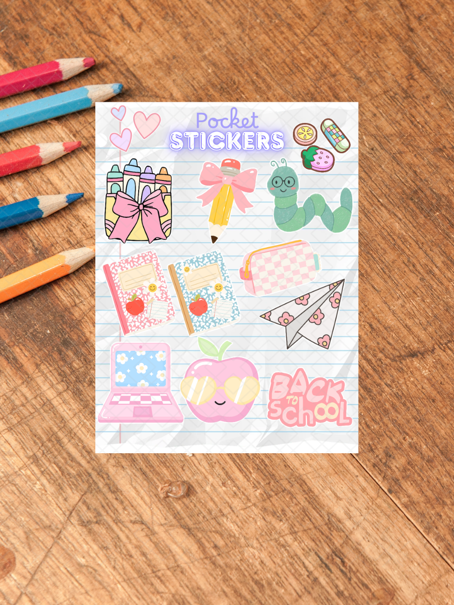 Pastel Back to Scool Pocket Stickers | 3"x 4" Mini Sticker Sheet for Journaling, Junk Journals, Scrapbooking, and more.